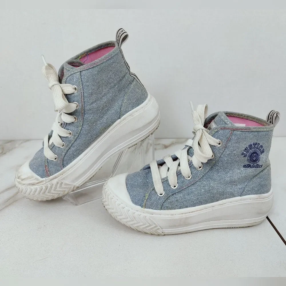 Justice Sport Girls' Sparkly Blue Canvas High Top Platform Sneakers, Sz 2